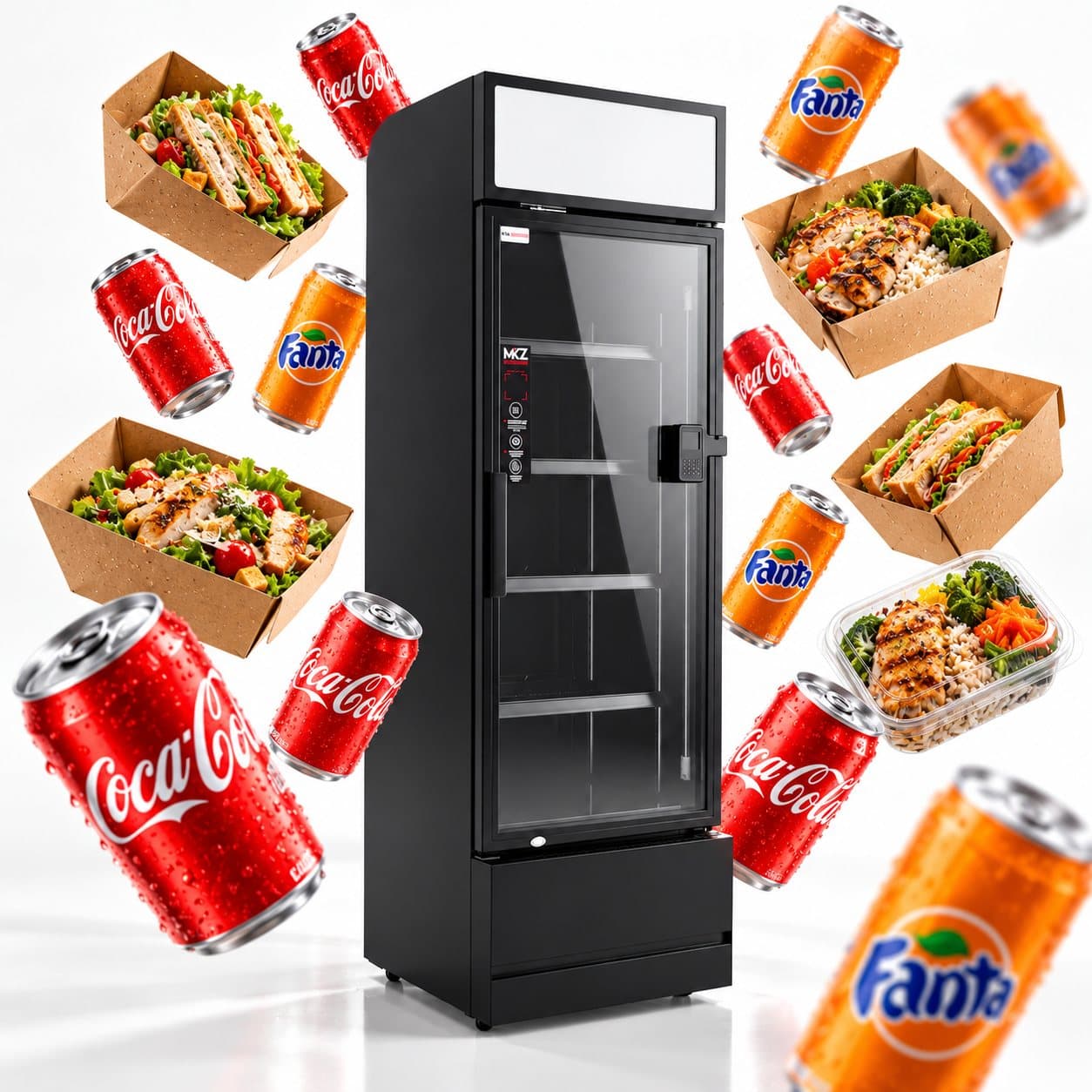 Smart fridge surrounded by drinks and fresh meals