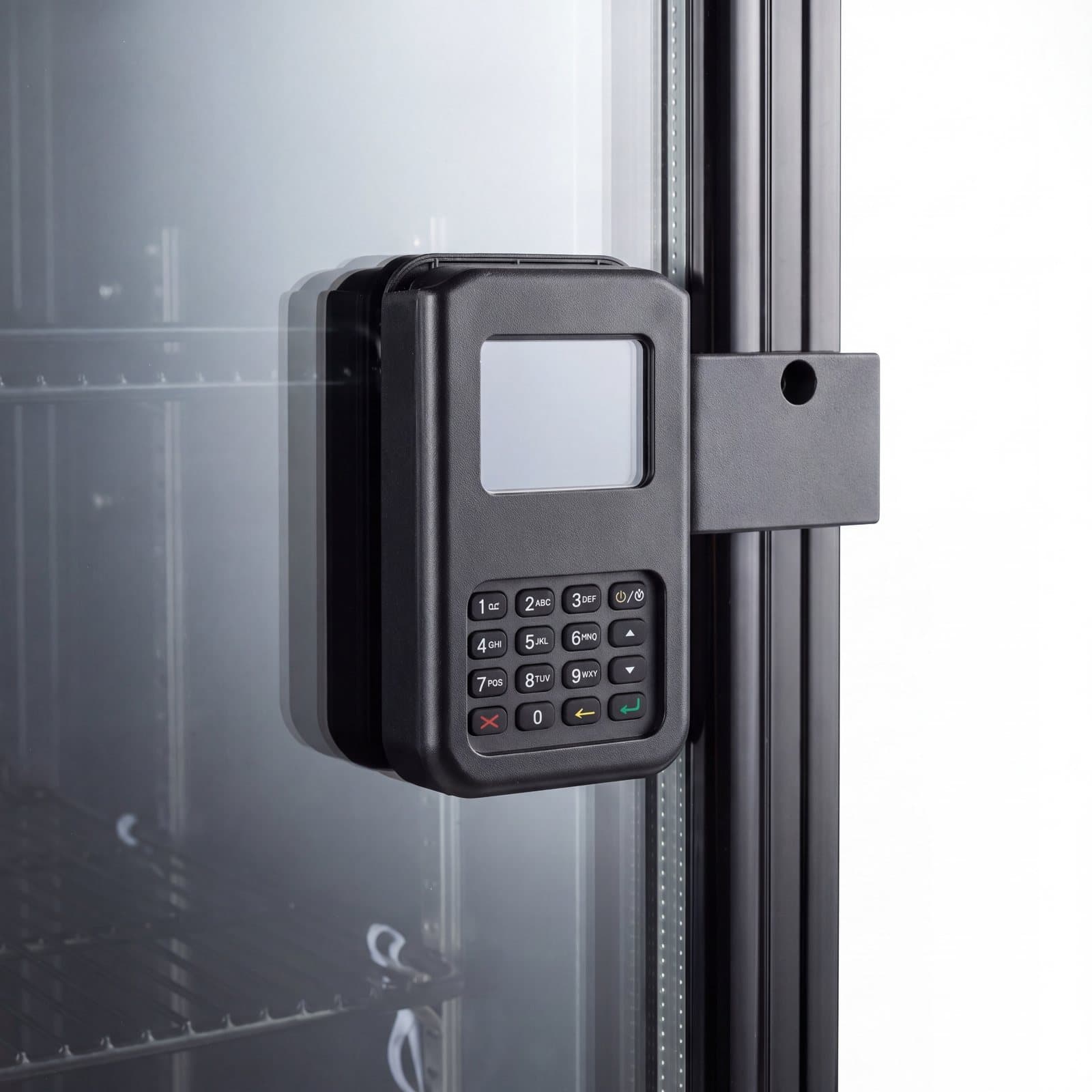 Card payment terminal mounted on the fridge door